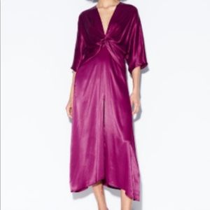 Never worn knotted satin effect midi dress, eggplant/ purple. Zara, size S.